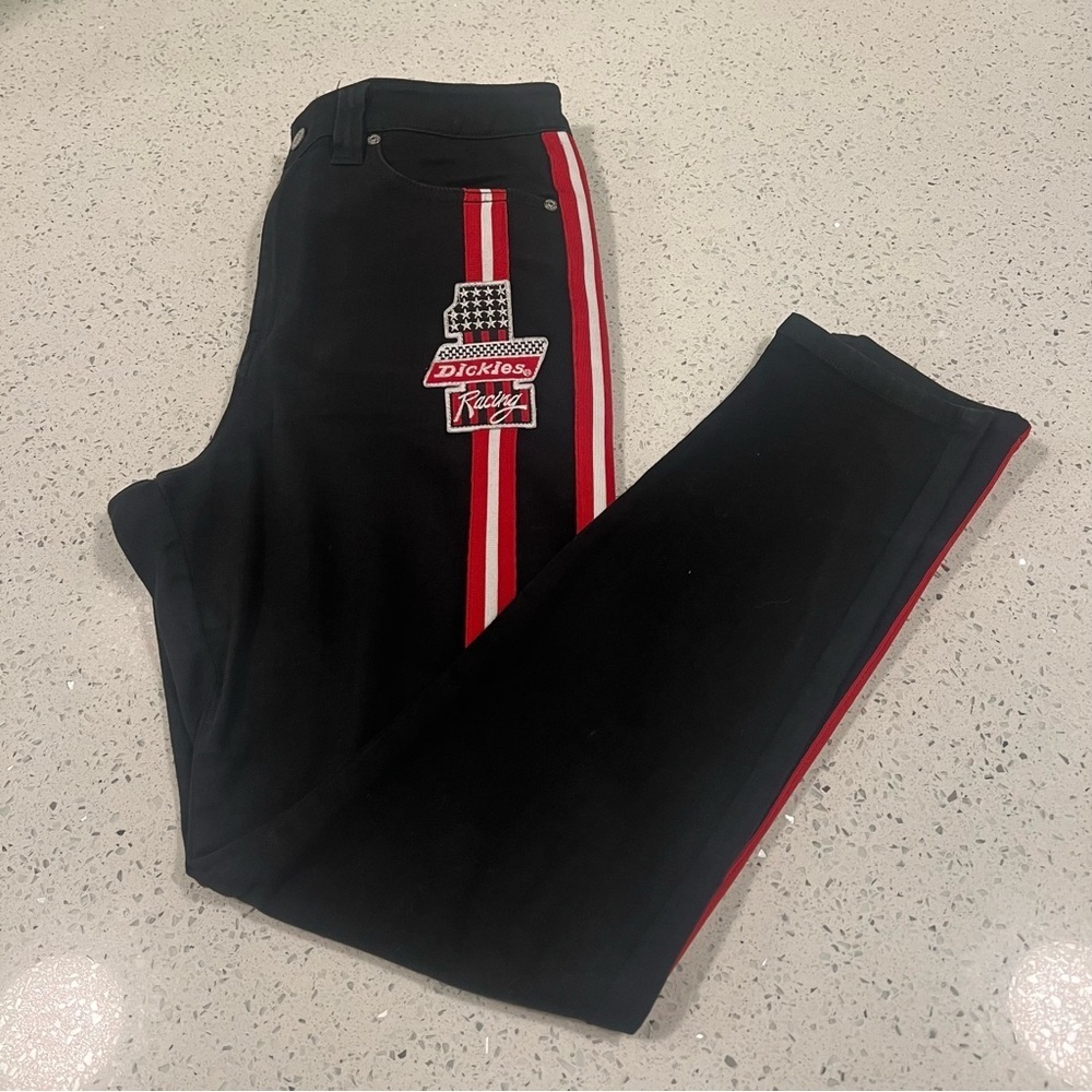DICKIES Black Ankle Jeans with Double Red & White Racing Stripes Women's Size 31
